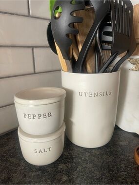 Cream Ceramic Utensil Holder and Salt & Pepper Jars - Kitchen Counter Storage